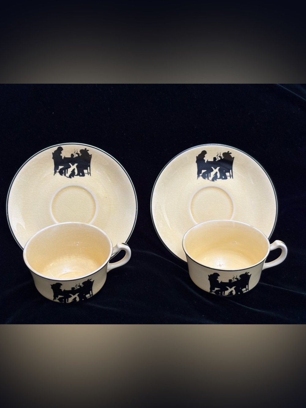 VTG Pair (2) Pale Yellow Crooksville China Co “Silhouette” Tea Cups/ Saucers